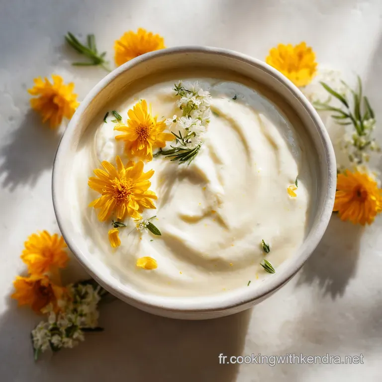 Elegant swirl of thick, bright white yogurt sauce, adorned with vibrant green herbs on a modern white serving dish.