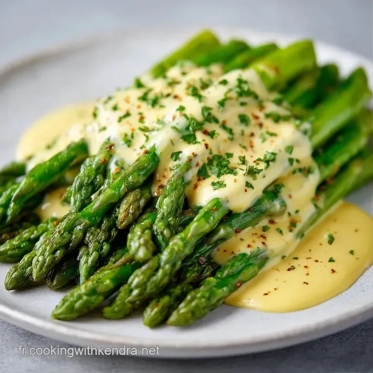 Asperges vertes align&eacute;es avec pr&eacute;cision, surmont&eacute;es d'une sauce onctueuse et de zestes de citron jaune &eacute;clatants.