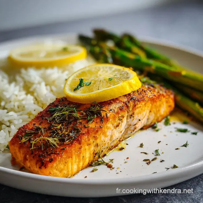 Perfectly cooked salmon glistens beside bright green spears of asparagus, arranged artfully on a white plate, ready to be ...