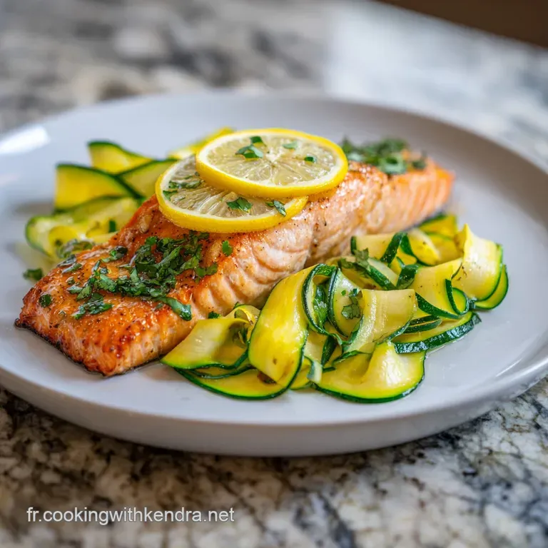 Elegant plate with a perfectly cooked salmon, bright green vegetables, and a wedge of lemon, hinting at a fresh, flavorful...