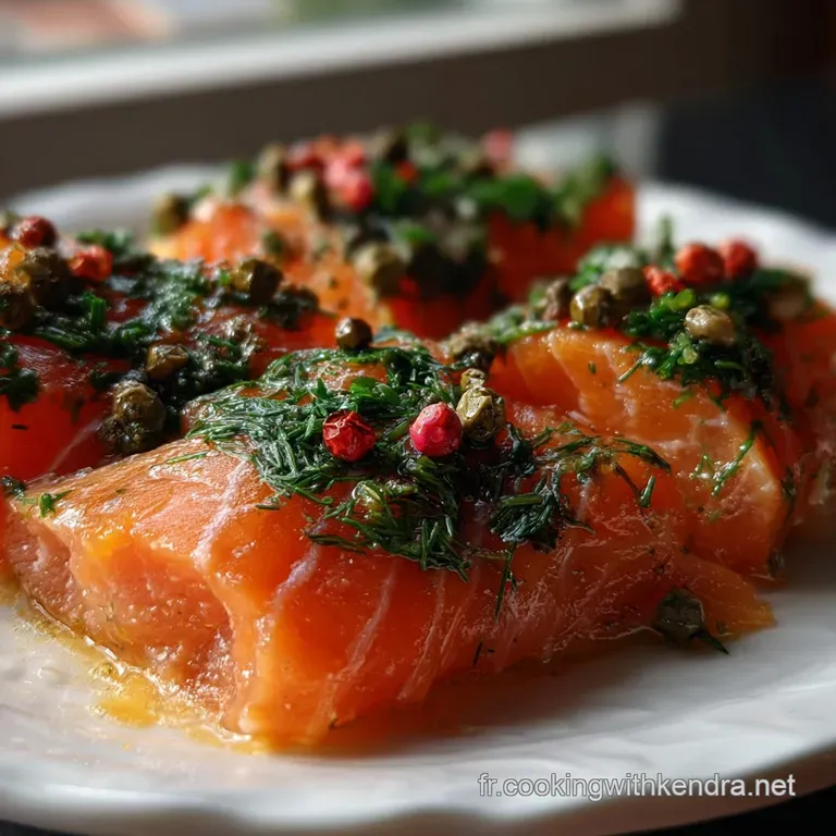 Elegant plate featuring thinly sliced salmon gravlax, garnished with dill sprigs and a lemon wedge, offering a refined app...