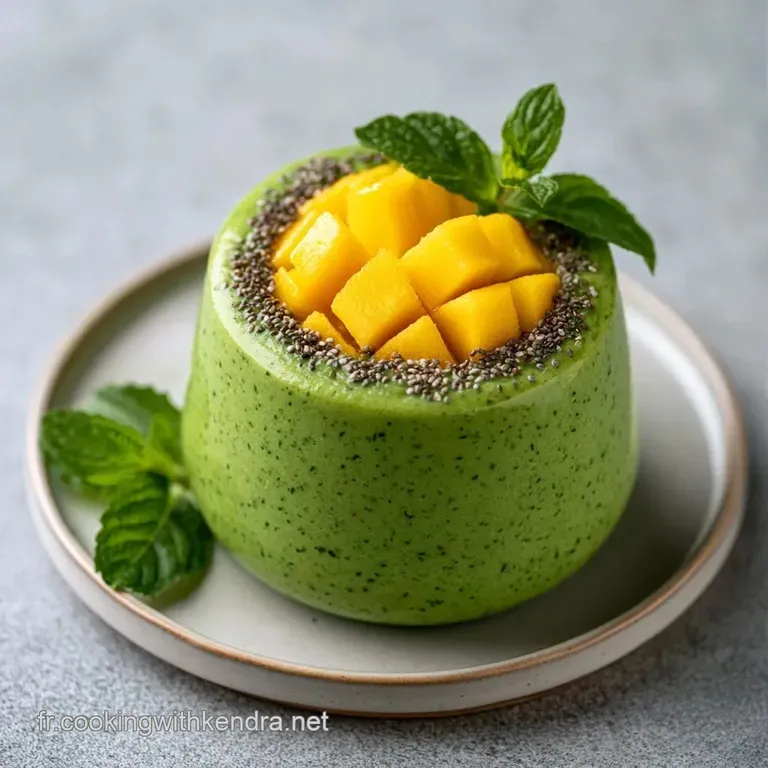 Bol en c&eacute;ramique blanche contenant un m&eacute;lange vert cr&eacute;meux, d&eacute;cor&eacute; de fruits frais et de noix sur un fond lumineux.
