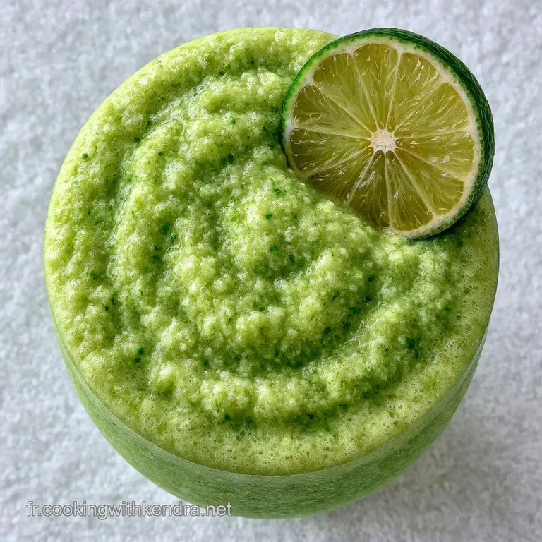 Boisson cr&eacute;meuse vert tendre dans un verre givr&eacute;, pos&eacute;e &agrave; c&ocirc;t&eacute; d'un morceau de noix de coco fra&icirc;che et blanche.