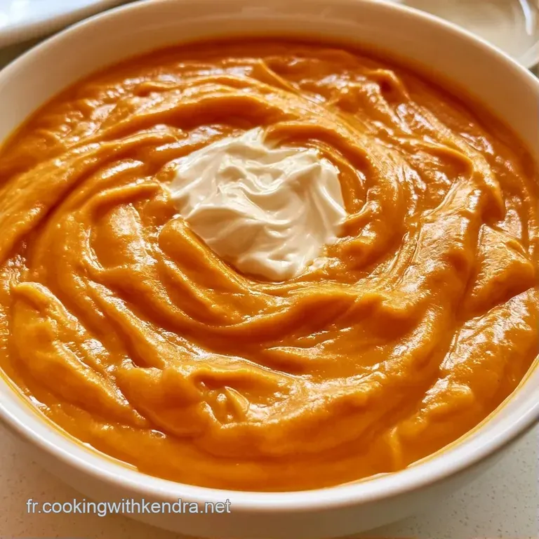 Potage orange vif servi dans un bol blanc minimaliste avec un tourbillon de cr&egrave;me fra&icirc;che et une feuille de persil.