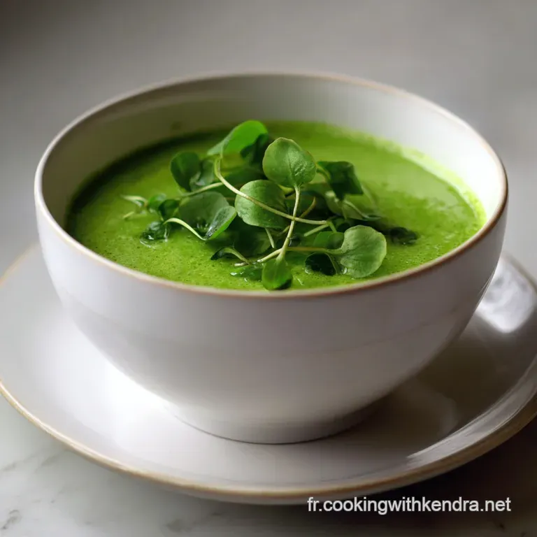 Elegant bowl of vibrant green soup with a single sprig of parsley. Smooth texture with creamy accent & crispy croutons.