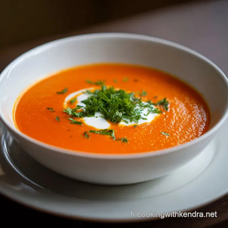 Elegant bowl of bright tomato soup topped with a swirl of cream and fresh basil. Spoon reflects the warm glow of the dish.