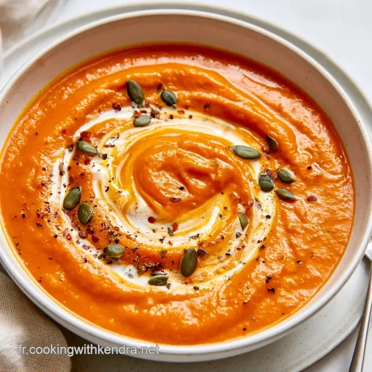 Cr&egrave;me orange onctueuse servie dans un bol blanc &eacute;pur&eacute;, d&eacute;cor&eacute;e de pousses vertes et d'un filet d'huile brillante.