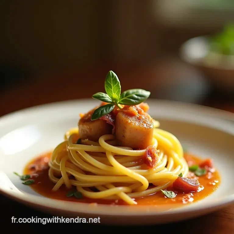 Spaghetti C&oelig;ur De Paris Aux Choux De Bruxelles R&ocirc;tis Pancetta Croquante presentation