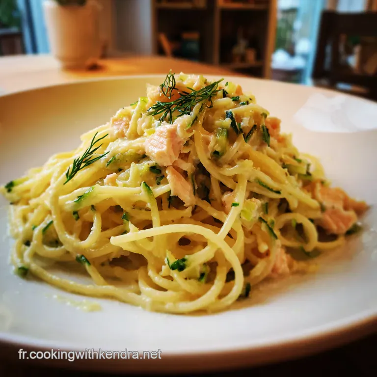 Spaghetti Cr&eacute;meux Saumon Fum&eacute; Courgettes Et Aneth presentation