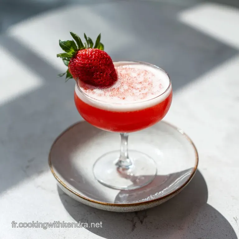 Elegant cocktail in a stemmed glass, garnished with a juicy strawberry. Condensation suggests a cool, refreshing drink.