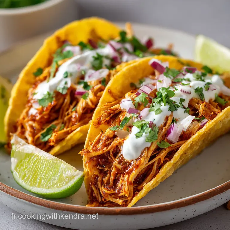 A neat stack of warm tacos overflowing with savory shredded chicken, bright pico de gallo, and a lime wedge.