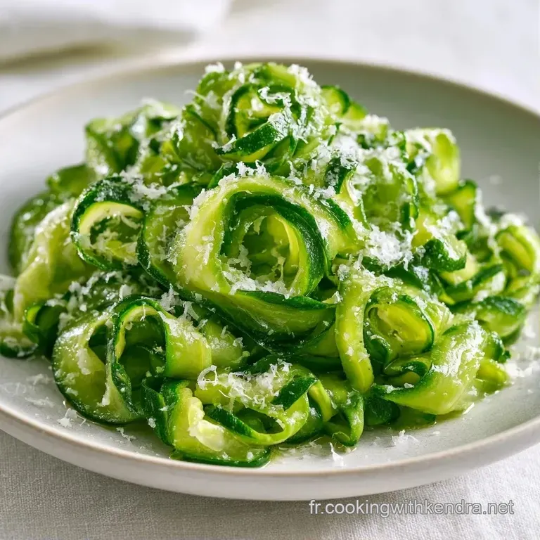 Rubans de l&eacute;gumes verts entrelac&eacute;s avec soin dans une assiette blanche, d&eacute;cor&eacute;s de zestes frais et de poivre noir.