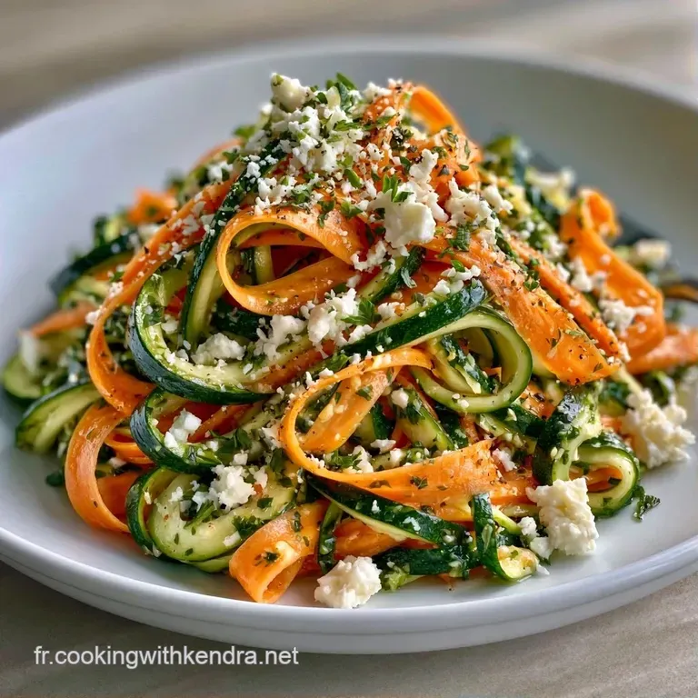Spirales de courgettes fra&icirc;ches et croquantes dress&eacute;es en d&ocirc;me, d&eacute;cor&eacute;es de zestes de citron jaune et de feuilles de basilic.