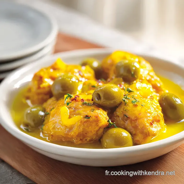 Morceaux de poulet tendres napp&eacute;s d'une sauce onctueuse, agr&eacute;ment&eacute;s d'olives et de citron sur une assiette blanche.