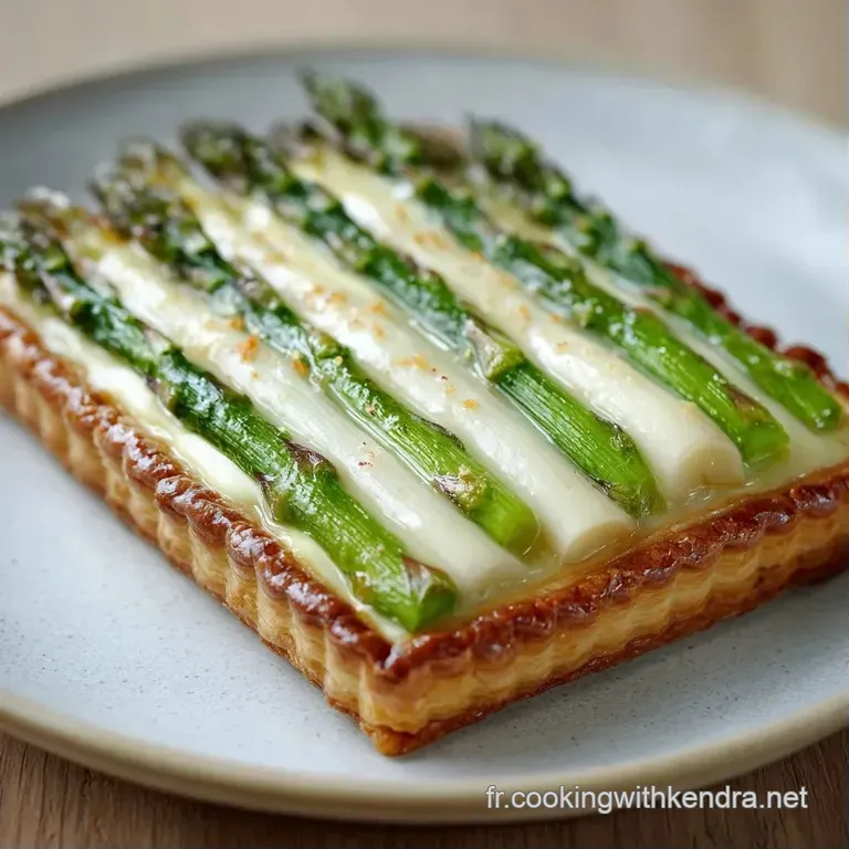Part de tarte &agrave; la cro&ucirc;te dor&eacute;e sur assiette, avec des asperges vertes tendres sur un lit de fromage blanc onctueux.