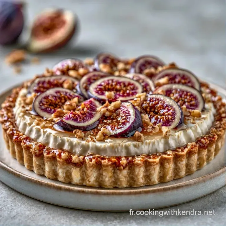 Part de tarte croustillante sur assiette blanche, figues fondantes et miel dor&eacute;, lumi&egrave;re douce et ambiance &eacute;pur&eacute;e.