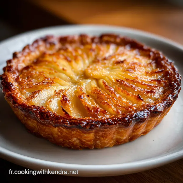 A glistening apple tart dusted with powdered sugar on a white plate, highlighting the pastry's crisp edges.