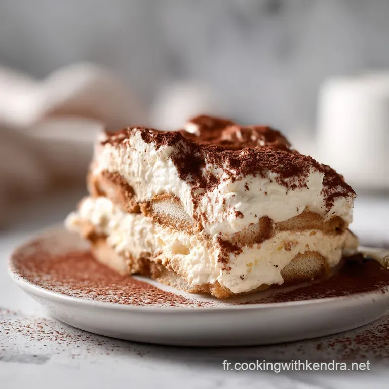 A slice of tiramisu with soft, airy layers and a dusting of cocoa on a white plate