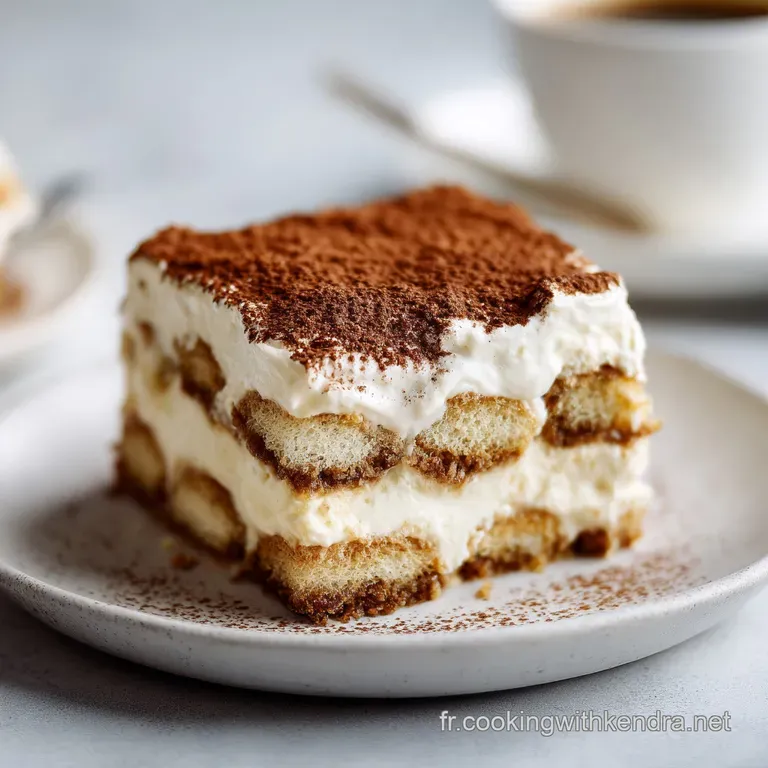 Elegant tiramisu slice on a white plate. Visible layers of coffee-soaked ladyfingers and rich, creamy filling.