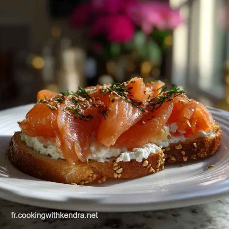 Elegant plate showcasing flaky salmon atop toasted bread, artistically arranged with fresh herbs and a swirl of creamy che...