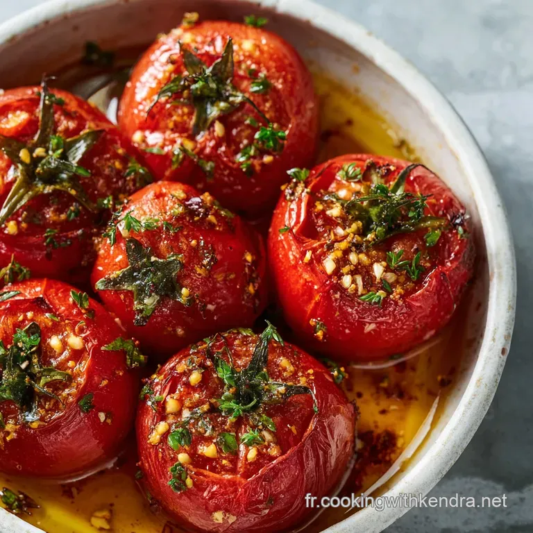 Three perfectly stuffed tomatoes nestled on a white plate, garnished with fresh herbs.
