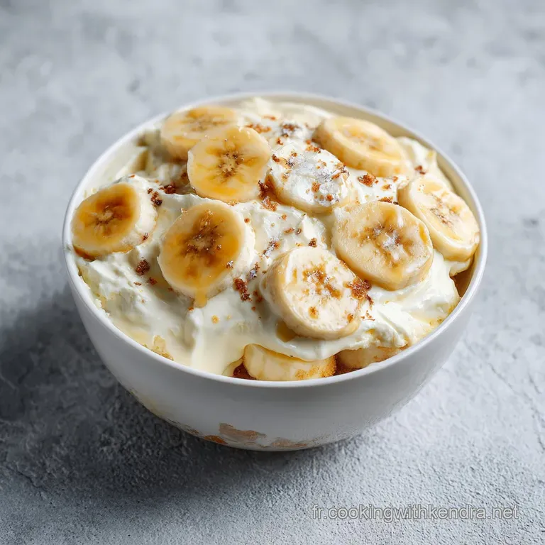 A single serving of layered trifle with vibrant yellow banana and white cream, artfully spooned.