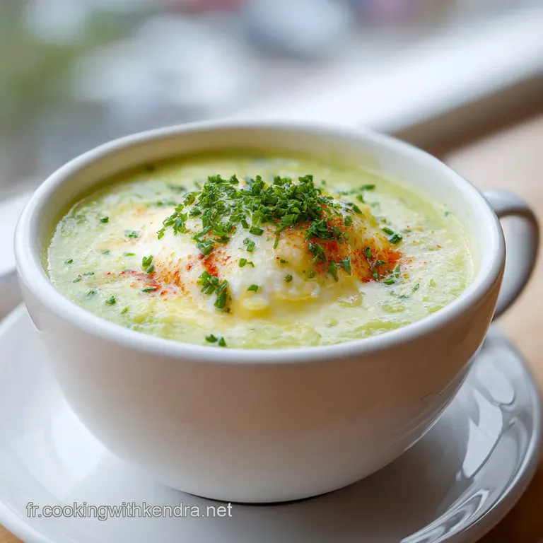 Elegant green velout&eacute; in a shallow bowl, drizzled with cream and sprinkled with herbs, showcasing a smooth and inviting te...