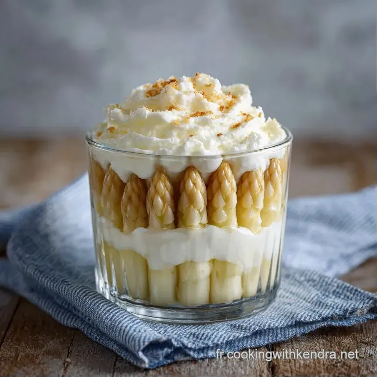 Verrine &eacute;l&eacute;gante r&eacute;v&eacute;lant des couches de cr&egrave;me onctueuse et d'asperges blanches, &eacute;clair&eacute;e par une lumi&egrave;re naturelle.