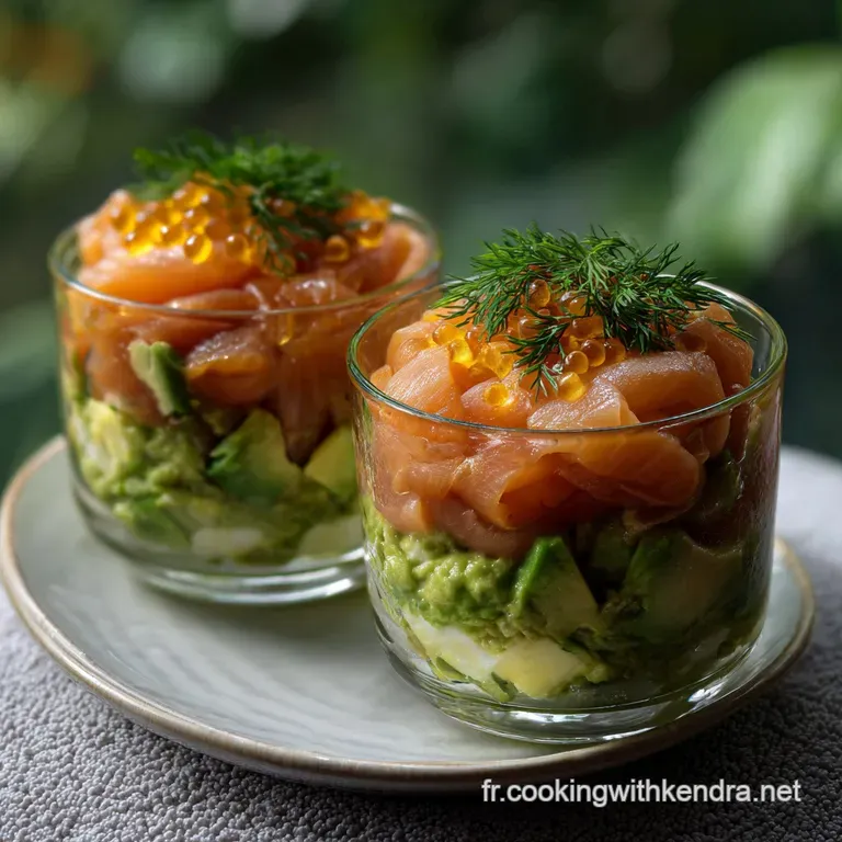 Elegant glass verrine displays layers of avocado and salmon, artfully arranged and garnished with a delicate sprig of dill...