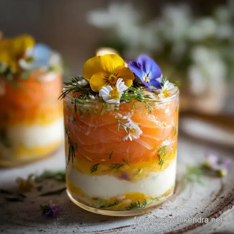 Three petite verrines arranged artfully on a white plate. Salmon pink contrasts with the vibrant yellow of the lemon cream.