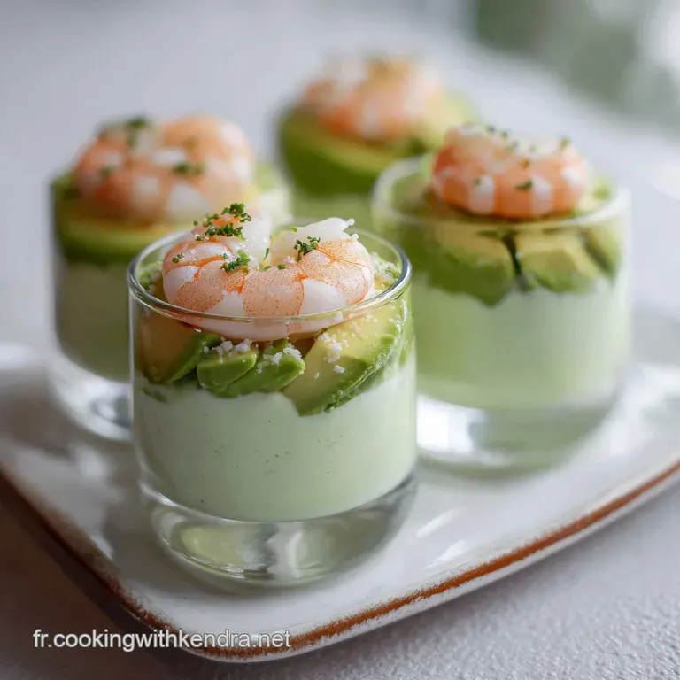 Elegant avocado and shrimp verrine plated with a lemon wedge and microgreens, showcasing the creamy layers and fresh seafood.