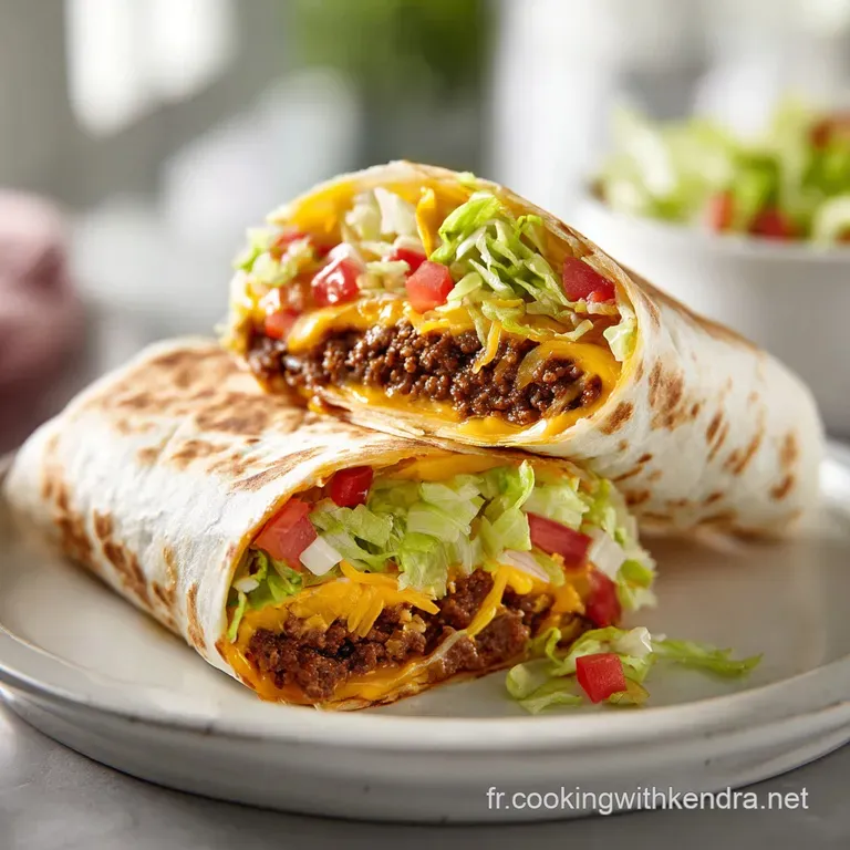 A neatly plated wrap, sliced open to reveal layers of seasoned beef, vibrant lettuce, and melted cheese with sesame seed bun.